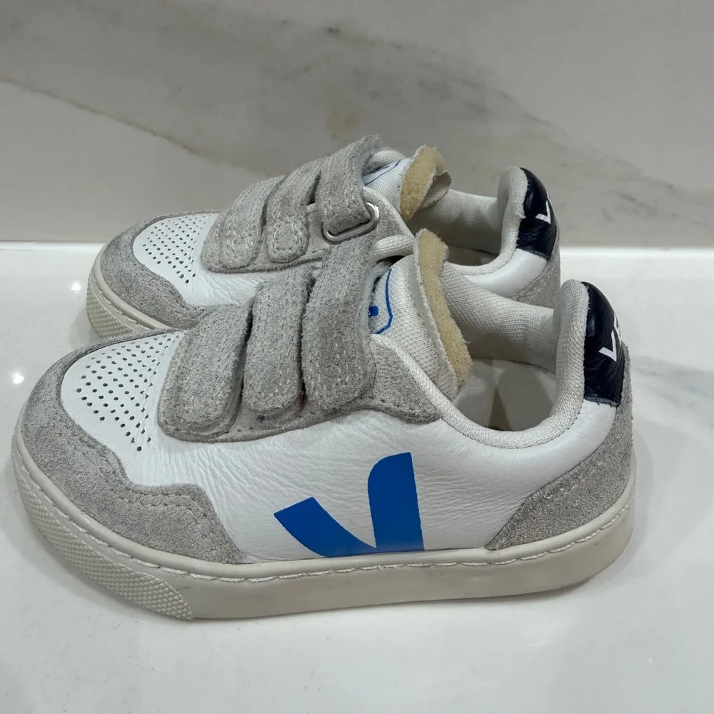 VEJA Kids Leather Sneakers White Gray Blue Velcro - Picture 3 of 7